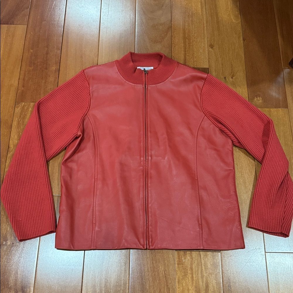 Pendleton Mixed Media Jacket Womens Red Leather Front Merino Wool Zip Large